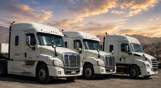 Tractocamiones Freightliner blancos de la flota Pedemonte