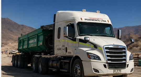 Tractocamión blanco con tolva verde Pedemonte